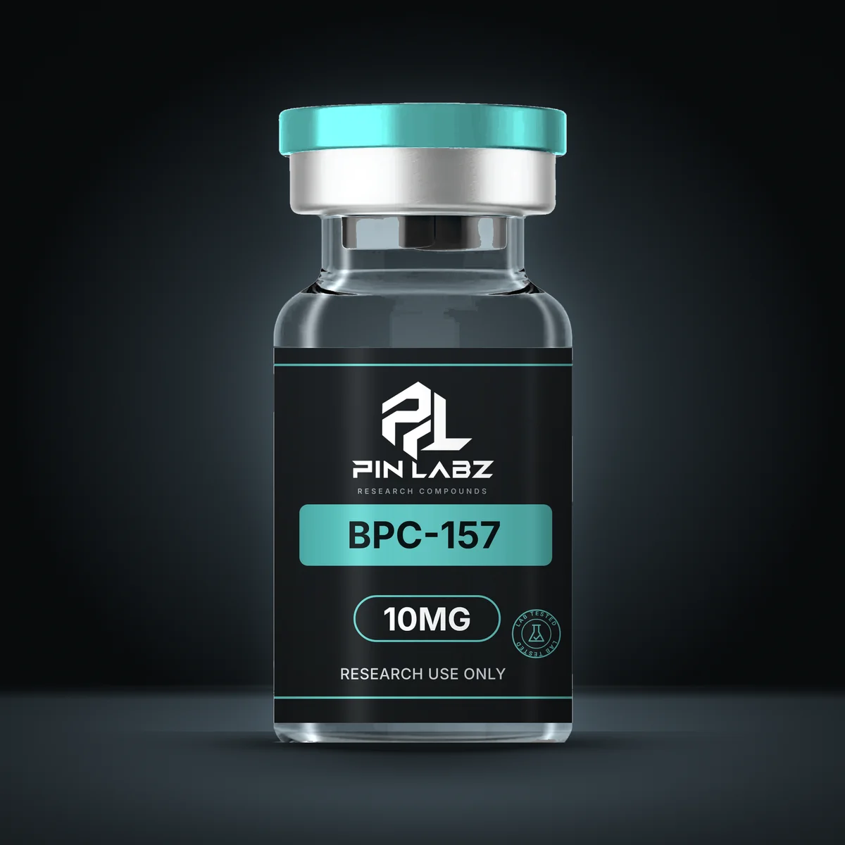 Pin Labz research compound vial with teal cap and dark label